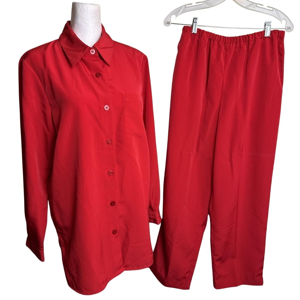 Vintage Basic Editions Red Pant Suit Co-ord Set Casual Loungewear Blouse Size 10